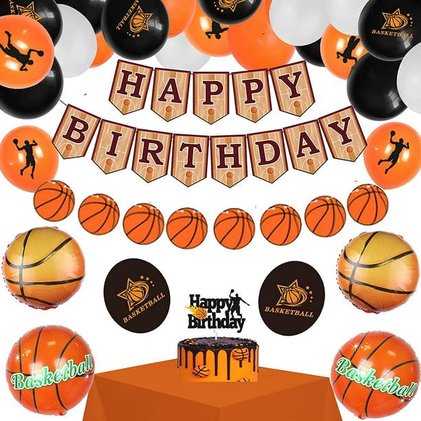 HAPPY BIRTHDAY Banner Foil Balloons Basketball Stickers Cupcake Toppers Cake Topper Birthday Decorations for Boys Girls Kids Teenagers Men Basketball Party Decorations Birthday Party Supplies 72Pcs